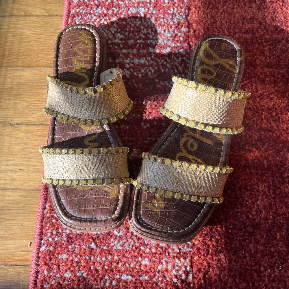 Yellow Rhinestone woven slip on sandals